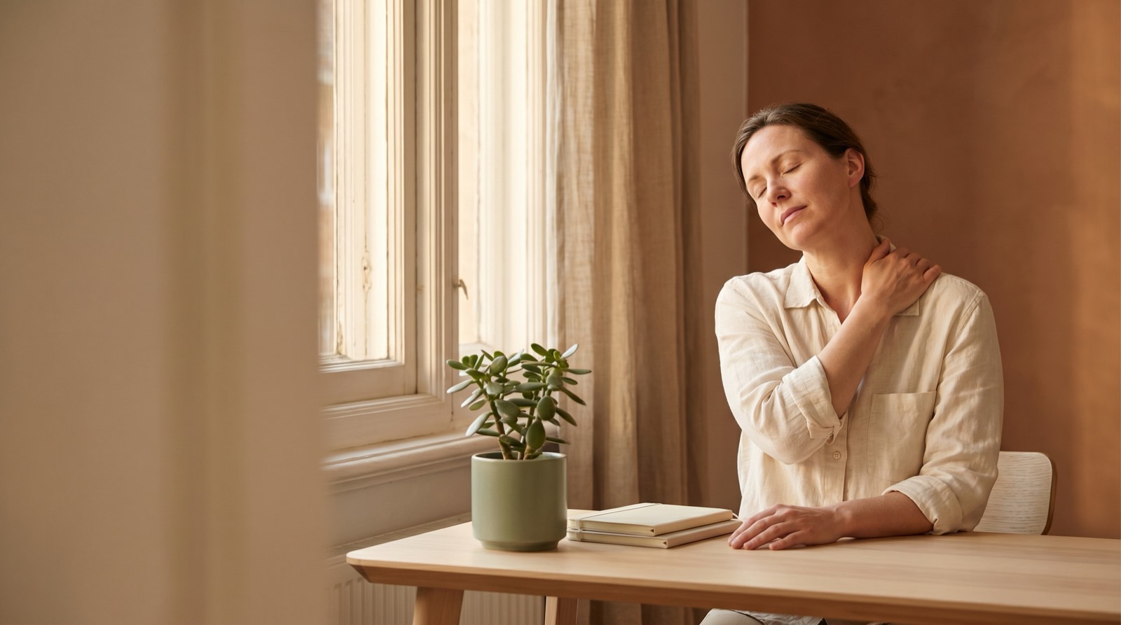 A desk worker pausing to ease a stiff, tight upper back near a sunlit window.