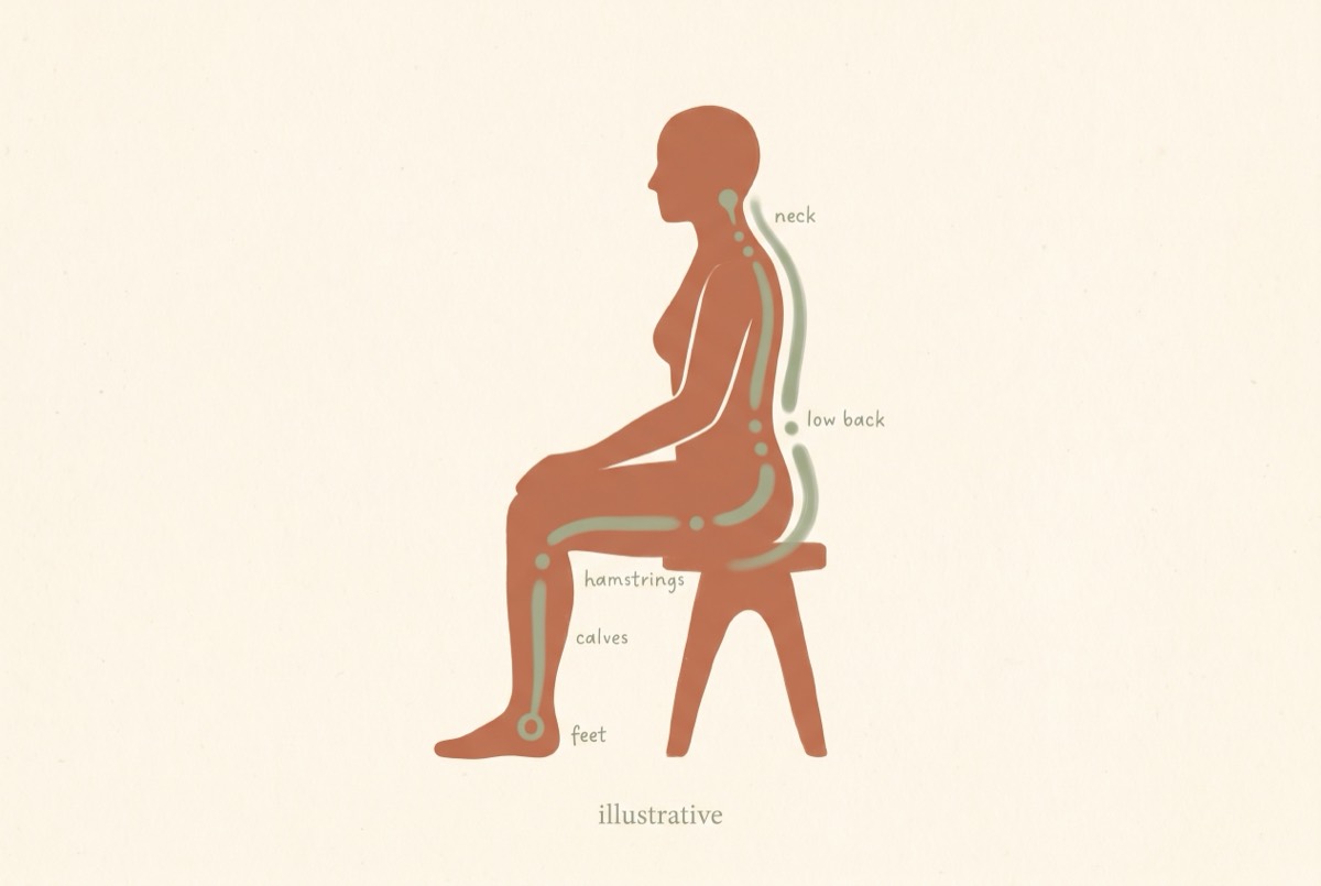 Illustration of the back-of-body fascial chain from the feet through the calves, hamstrings, low back, and neck.